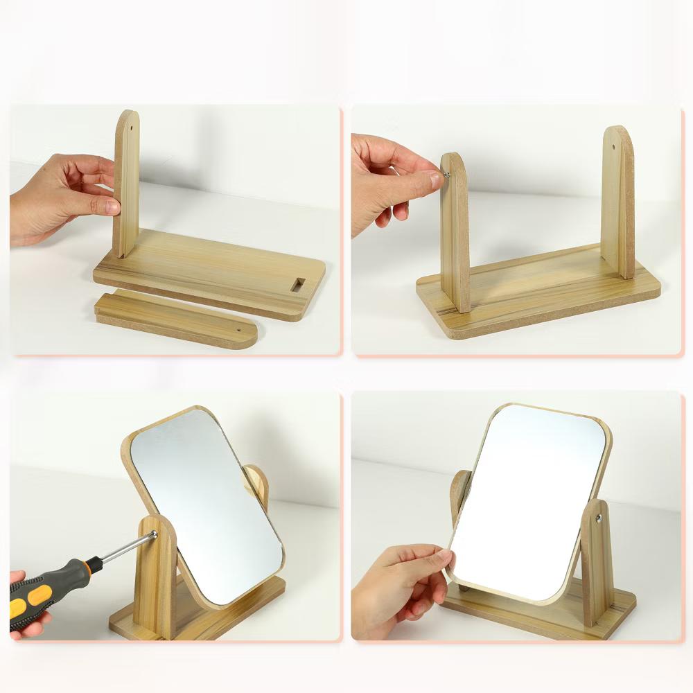 Natural Wooden Rotating Makeup Mirror Beige 1 Pc - Image 12