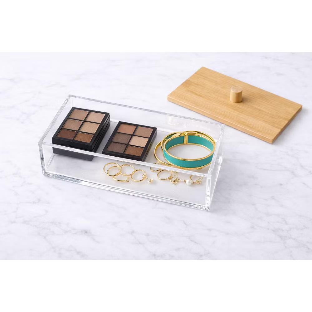 Acrylic Makeup Organizer with Bamboo Lid, Clear Nonslip Rectangular Cosmetic Storage Box for Bathroom & Vanity, Durable & Stylish Countertop Organizer - Image 3