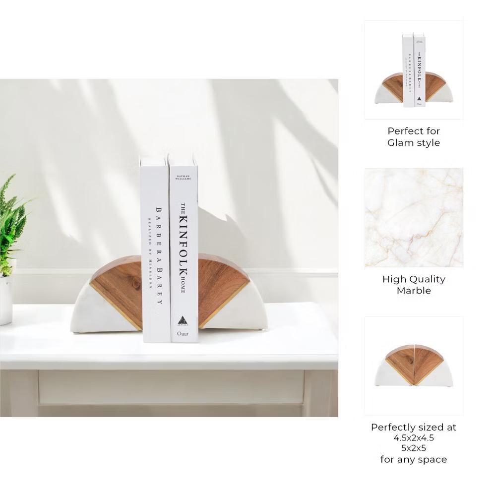 Stylish Curved Marble Book Ends with Wood Accent - Modern Bookend for Home Library, Desk, or Coffee Table Decor - Set of 2, 5", White & Brown - Image 2