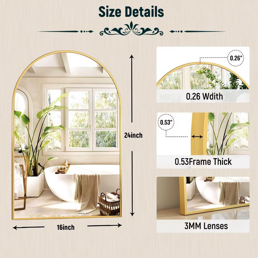 BEAUTYPEAK 16"x24" Arched Bathroom Mirror Vanity Wall Mounted Mirror, Black - Image 9