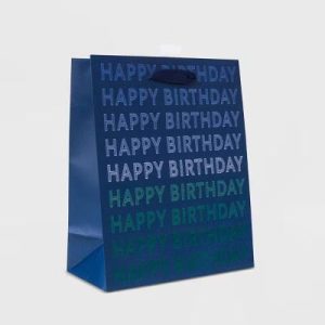 Small 'Happy Birthday' Gift Bag Navy/Green - Blue Paper Gift Bag, 9.75" H 7.75" W 4" D, Typography Pattern