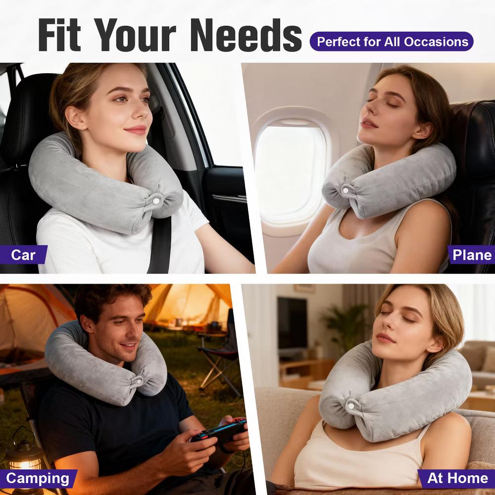 Neck Pillow Travel Pillow Memory Foam For Airplanes Car, Flexible U-Shaped Plane Pillow With Washable Cover, Light Gray - Image 4