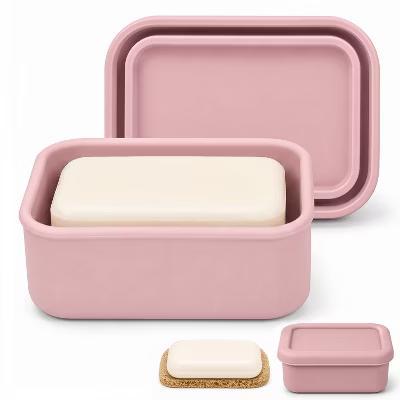 Garnen Bar Soap Holder Travel Case, Soap Dish with Lid, Silicone Travel Soap Case 4.7"x3.3" Self Draining Soap Bar Holder for Bathroom Shower, Pink - Image 2
