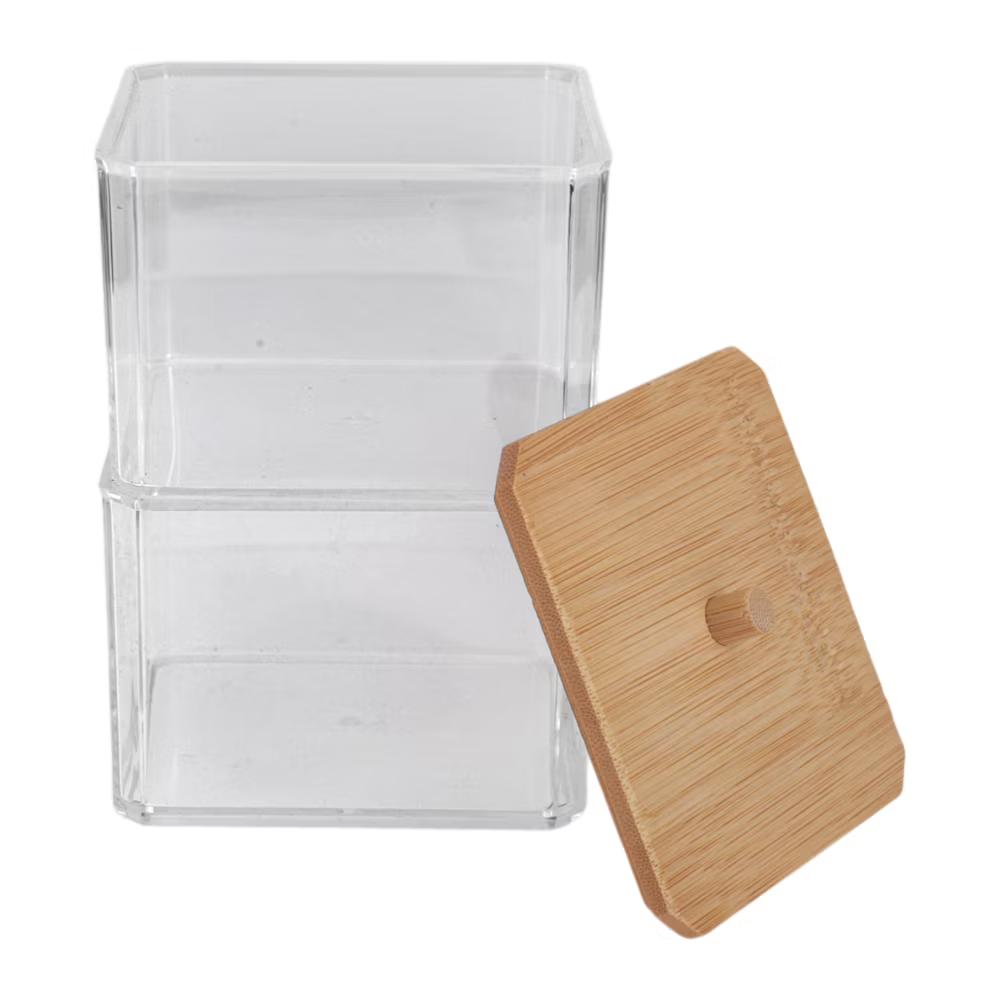 Square Bamboo Cover Acrylic Cotton Swab Holder Bathroom Transparent Wood-Tone 1 Pc - Image 6
