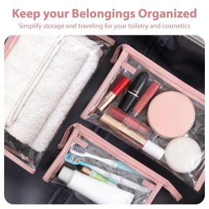 Mber 3-Pack Clear Makeup Bag with Zipper, TSA Approved Toiletry Bag, Clear Travel Bags For Toiletries, Clear Travel Cosmetic Bags Pouches, Pink