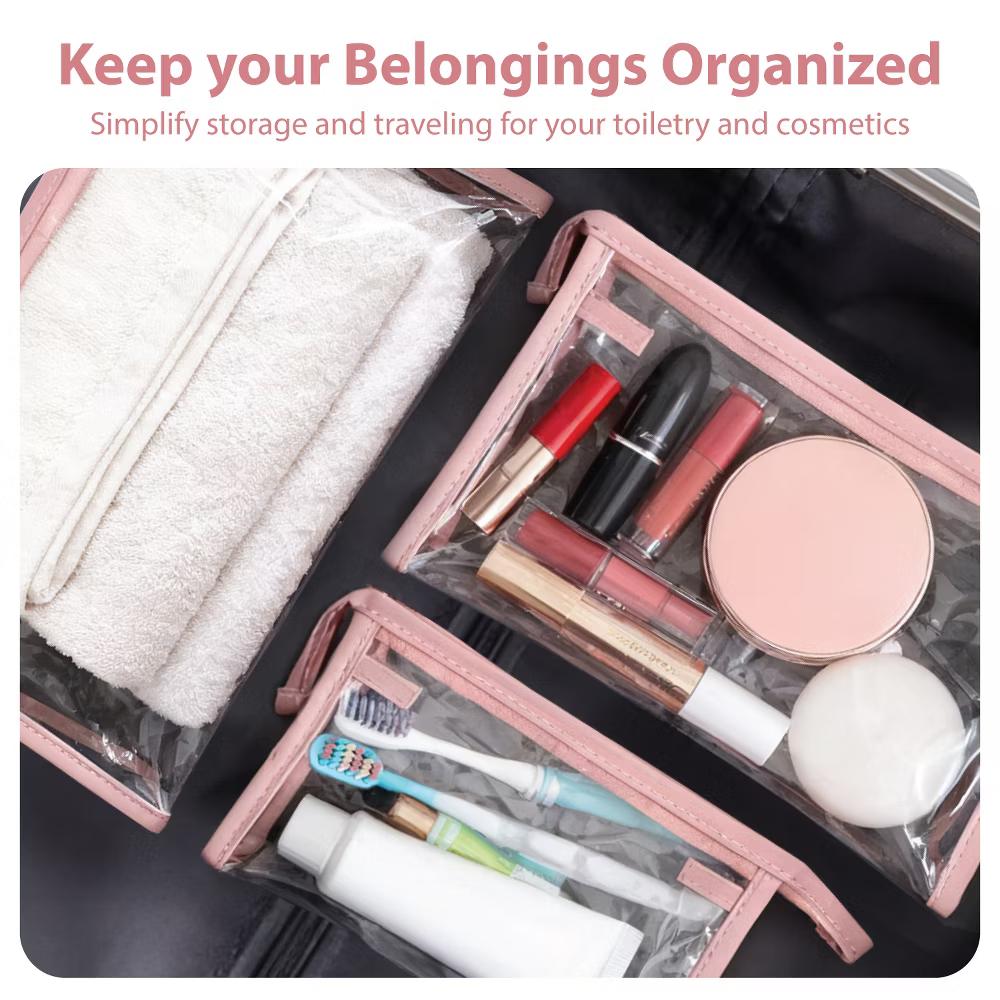 Mber 3-Pack Clear Makeup Bag with Zipper, TSA Approved Toiletry Bag, Clear Travel Bags For Toiletries, Clear Travel Cosmetic Bags Pouches, Pink