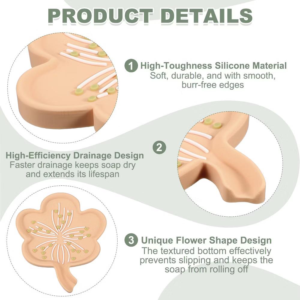 Silicone Soap Dish with Drain Spout, Portable Self Draining Flower Shape Soap Saver Holder - Image 13