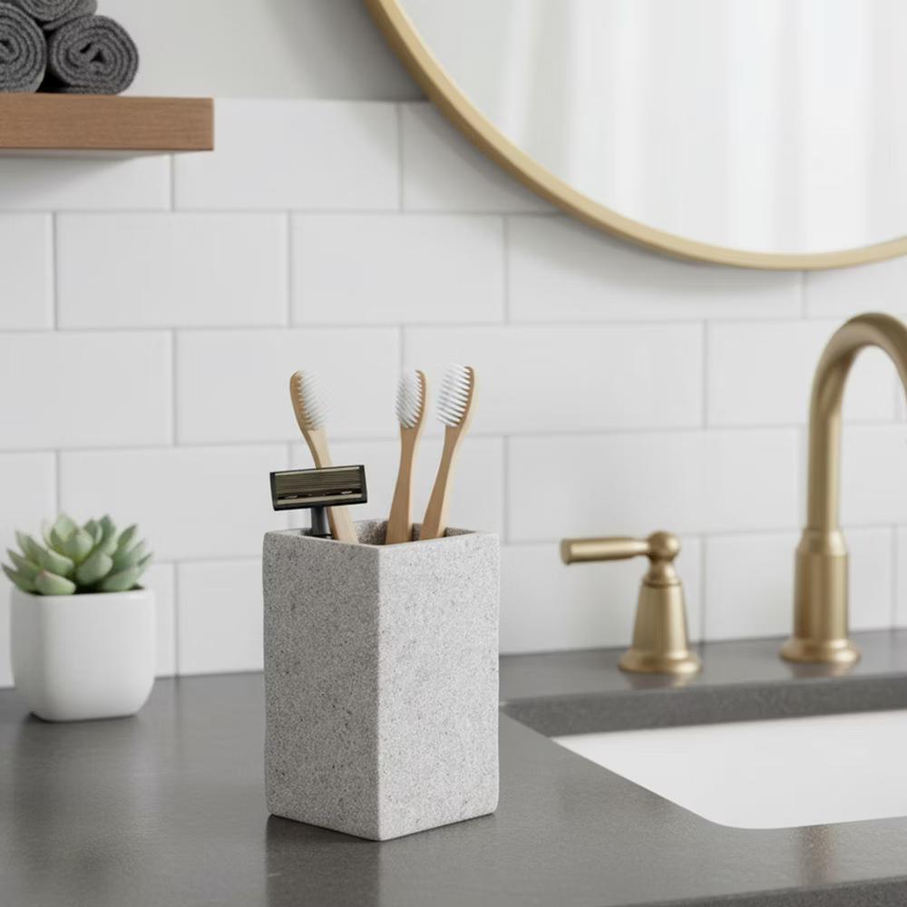 French Home Goods Modern Square Resin Stone Effect Bathroom Tumbler – Versatile Toothbrush Holder, Makeup Brush Cup and Countertop Organizer - Image 15
