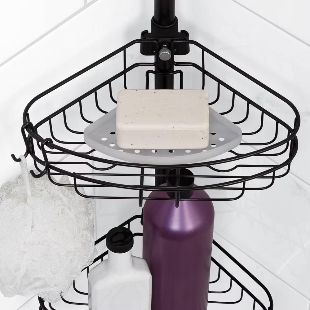 Corner Tension Pole Shower Caddy Bronze - Zenna Home: Metal Bath Organizer, 4 Baskets, Adjusts 5' to 9' - Image 3