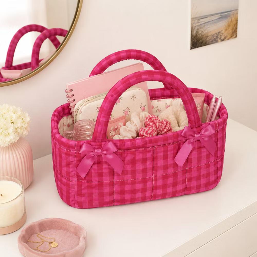 Quilted Gingham Storage Caddy with Handles Bow Accent for Makeup Vanity Dorm Bathroom Organizer - Image 3