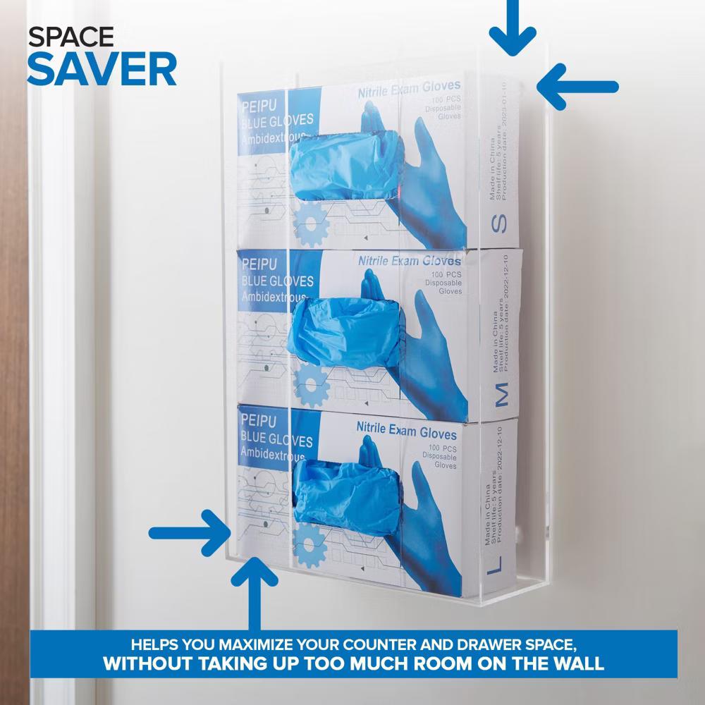 Stock Your Home Triple Acrylic Gloves Dispenser, Tissue Box Shelf, Glove Holder Wall Mount, For Kitchen, Cleaning Closet, Lab, Exam, Office