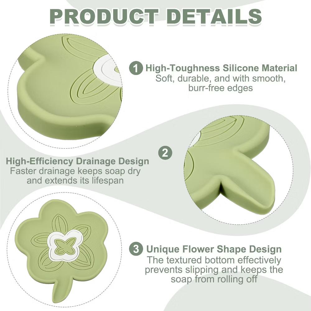 Silicone Soap Dish with Drain Spout, Portable Self Draining Flower Shape Soap Saver Holder - Image 12
