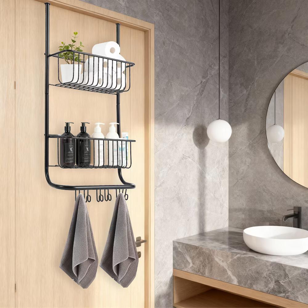 Over The Door Organizer, 2-Tier Metal Shower Caddy with 6 Hooks, Adjustable Hanging Storage - Image 3