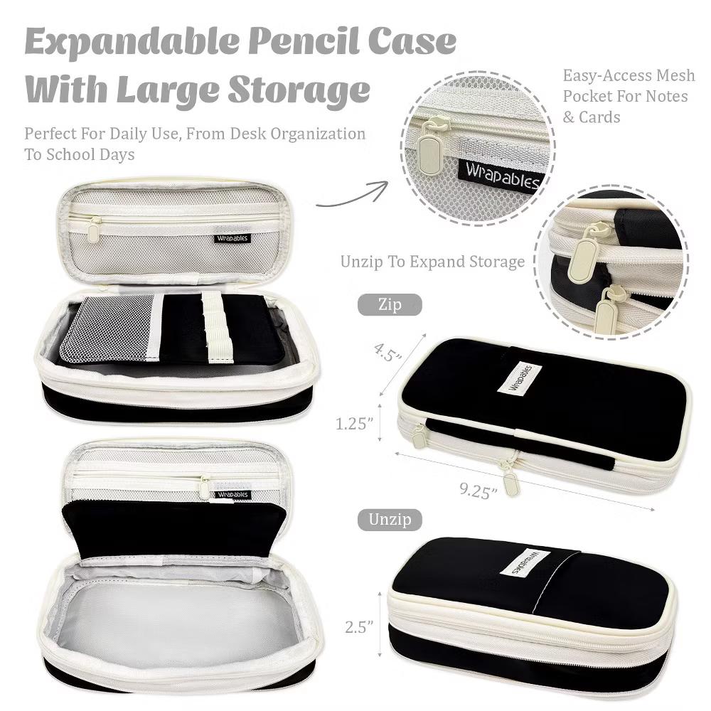 Large Capacity Pencil Case, Expandable Pencil Pouch for Stationery Tools, Black - Image 5