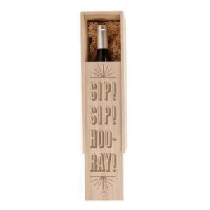 True Sip Sip Hooray Wooden Wine Box with Sliding Lid, Single Bottle Champagne Gift Box for Wedding Party, Birthday Gifts, Wood Grain, Packing Straw