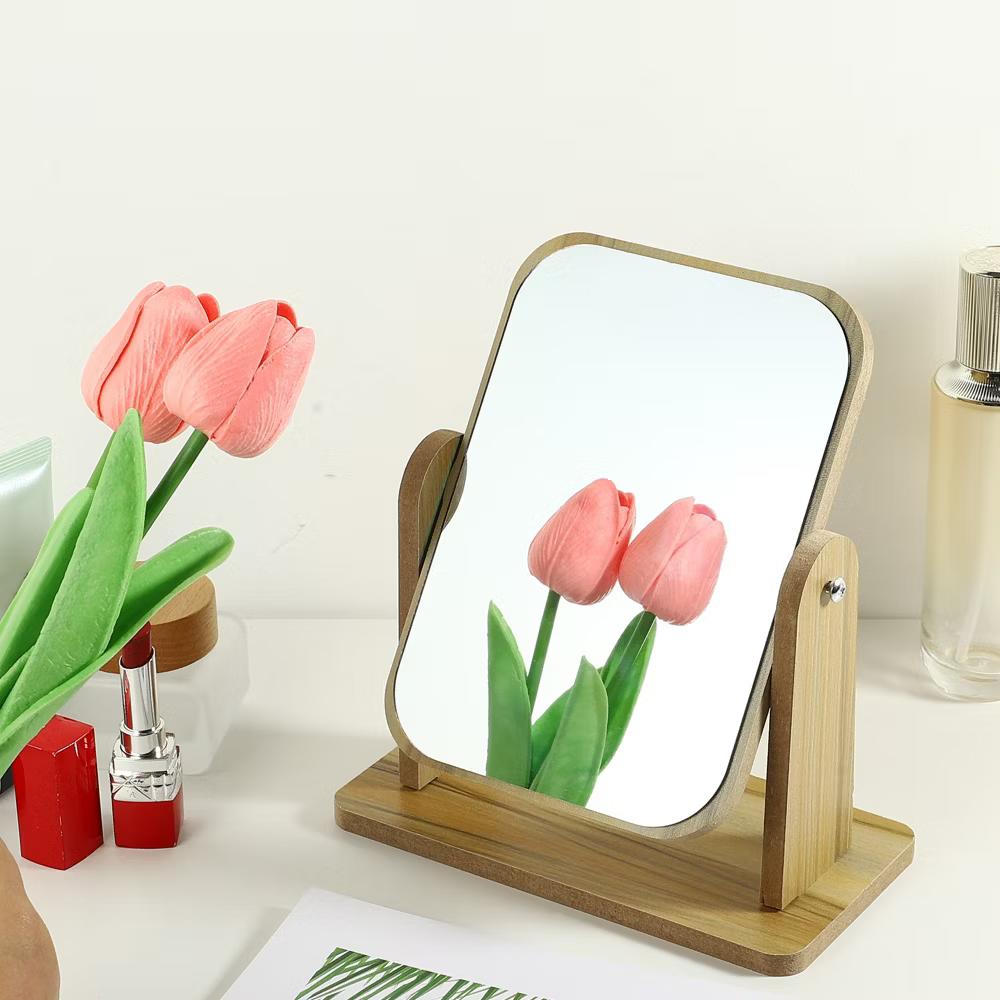 Natural Wooden Rotating Makeup Mirror Beige 1 Pc - Image 8