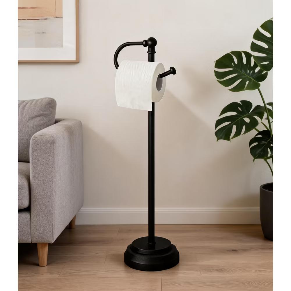 Freestanding Toilet Paper Holder, Matte Black Chrome, Installation Free Tissue Stand for Bathroom, Non Slip TP Holder for Standard Rolls