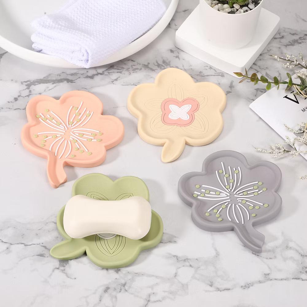 Silicone Soap Dish with Drain Spout, Portable Self Draining Flower Shape Soap Saver Holder