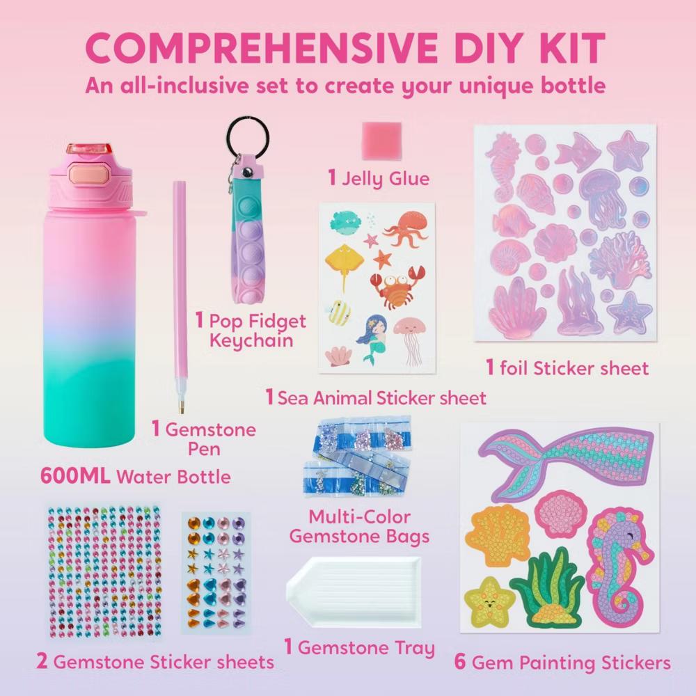 Water Bottle DIY Kit for Kids - Mermaid/Unicorn Theme, Gem Painting Arts & Crafts, Birthday Christmas Gift School Supplies for Girls Age 6 - Image 5