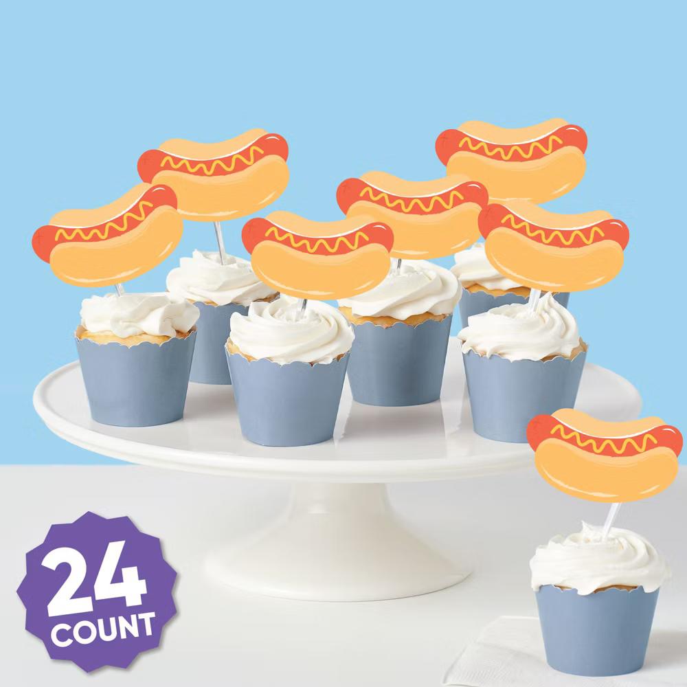 Hot Dog Dessert Cupcake Toppers, Summer Birthday BBQ Picnic Party Decor, Hot Dog Treat Picks - Set of 24 - Image 6