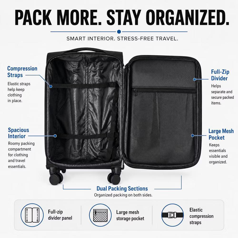3-Piece Softside Luggage Set with Built-in Lock, Expandable Lightweight Suitcases with Spinner Wheels (20/24/28 Inch) - Image 8
