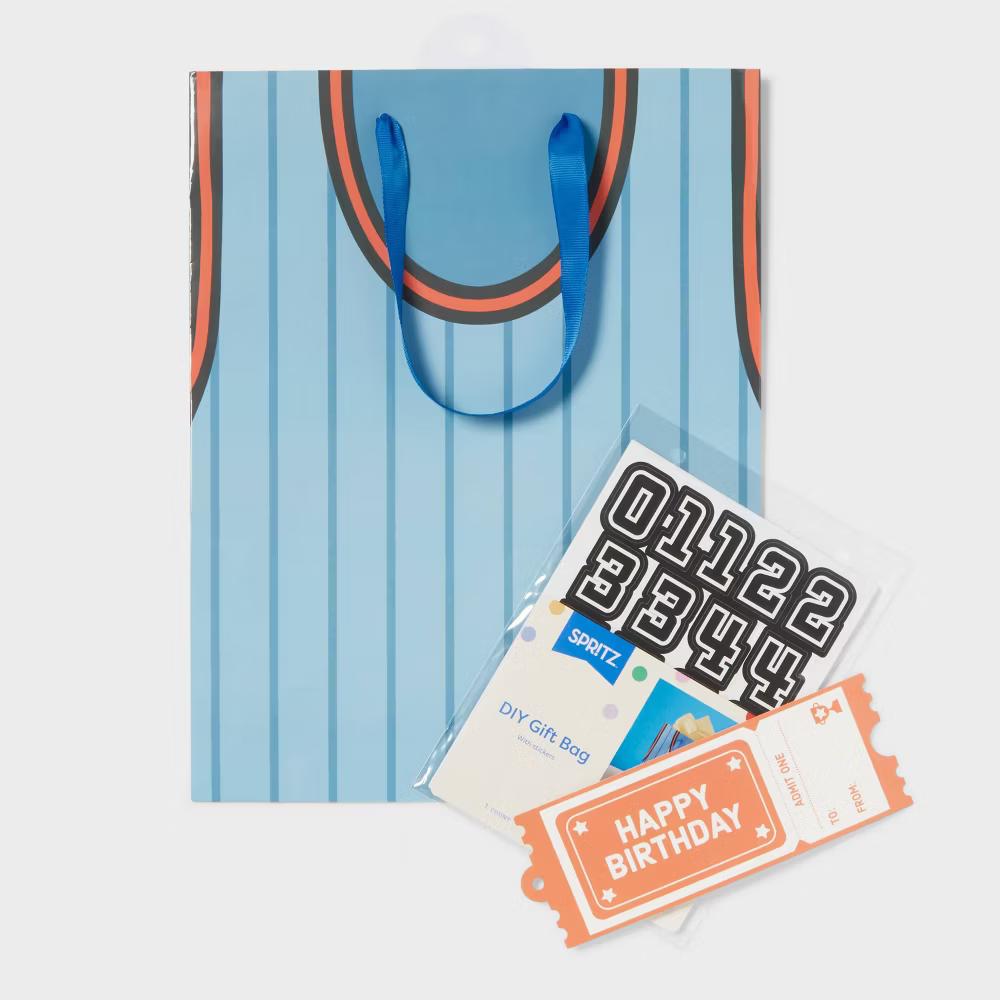 Small Customizable Sports Jersey Birthday Gift Bag with Tag and Stickers Blue - Image 2