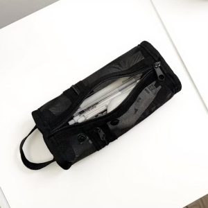 Cylindrical Mesh Case with Dual Zipper Compartments and Carry Handle 7.8x3.5 in