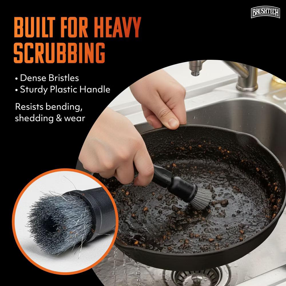 Brushtech Cast Iron Cookware Cleaning Brush – Heavy Duty Tough Bristles for Scrubbing Skillets, Griddles & Grill Pans, Strong Plastic Handle Built - Image 4