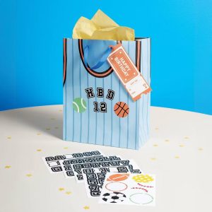 Small Customizable Sports Jersey Birthday Gift Bag with Tag and Stickers Blue