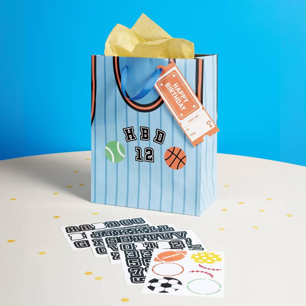 Small Customizable Sports Jersey Birthday Gift Bag with Tag and Stickers Blue