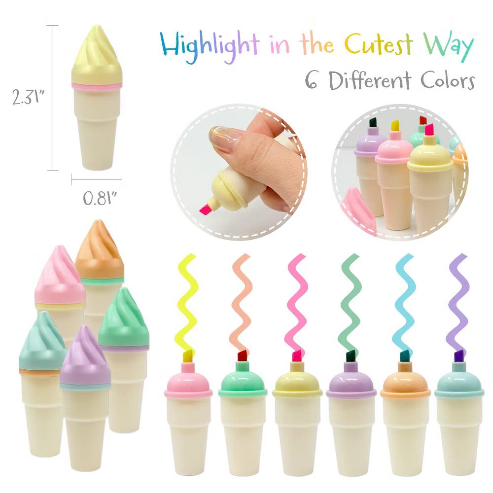 Cute and Colorful Highlighters, Marker Pens, Stationery Supplies (Set of 6), Ice Cream - Image 4
