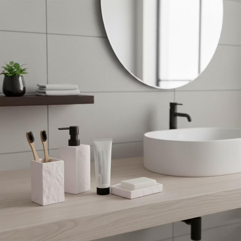 French Home Goods Modern Square Resin Stone Effect Bathroom Tumbler – Versatile Toothbrush Holder, Makeup Brush Cup and Countertop Organizer - Image 29
