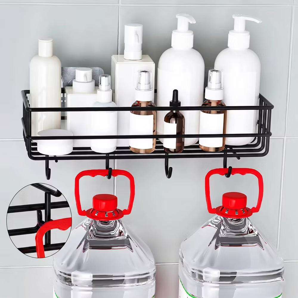 Adhesive Wall Mounted Bathroom Organizer Shelf, Rustproof Shower Caddy Basket with Hooks, No Drilling - Image 5