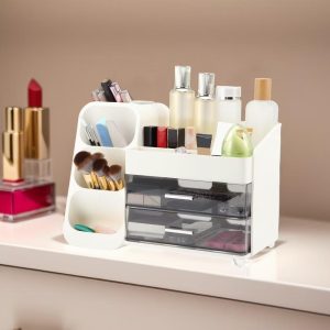 Three-Layer Makeup Organizer with Drawer White 1 Pc