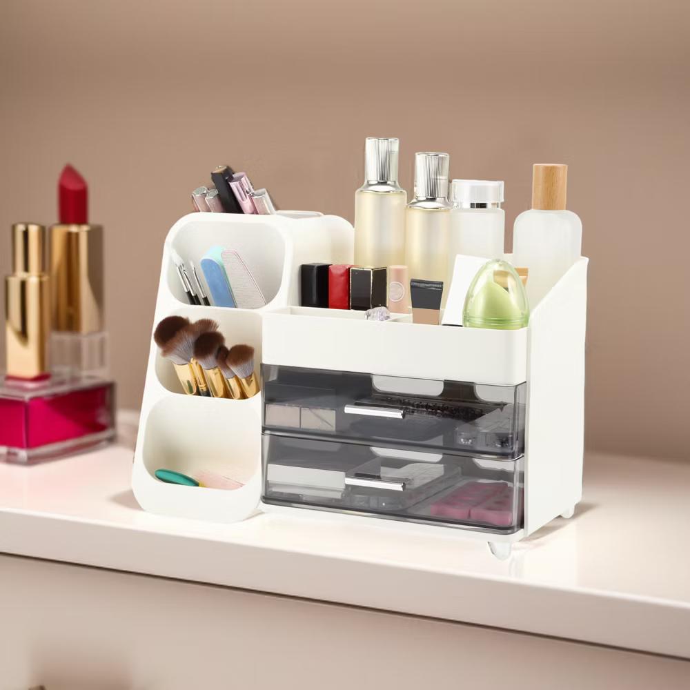 Three-Layer Makeup Organizer with Drawer White 1 Pc