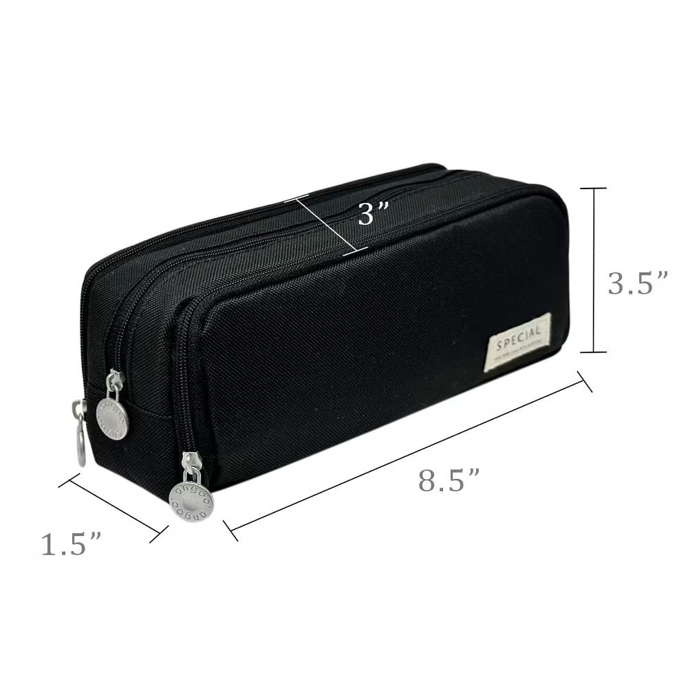 Large Capacity Pencil Case, 3 Compartment Pencil Pouch for Stationery Pens, Black - Image 4