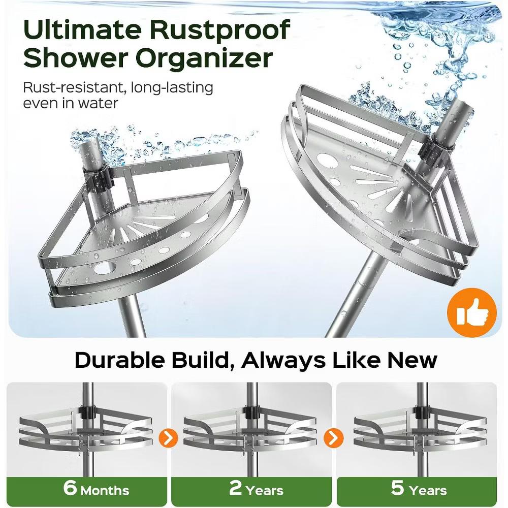 Adjustable Tension Pole Shower Shelf, 4-Tier Corner Caddy with ABS Baskets, No Drill Bathroom Storage - Image 7