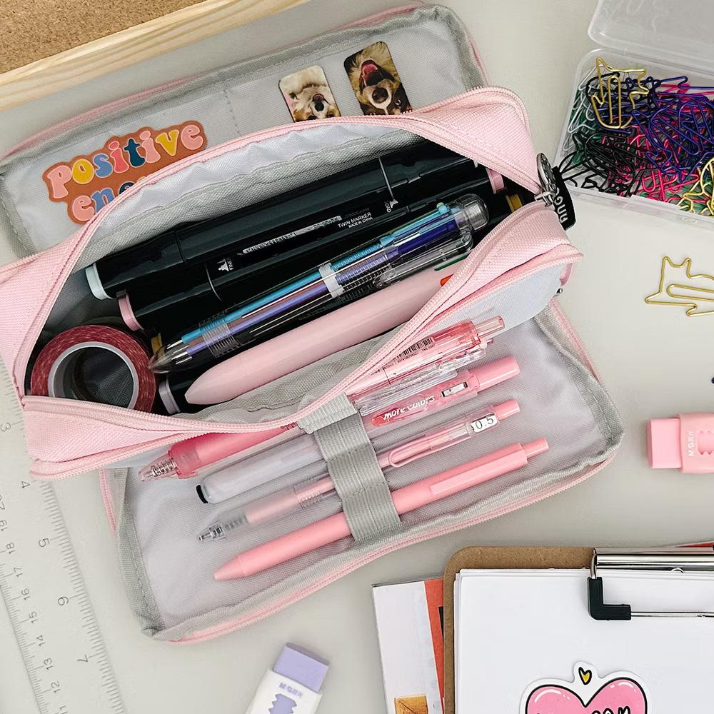 Large Capacity Pencil Case, 3 Compartment Pencil Pouch for Stationery Pens, Pink - Image 5