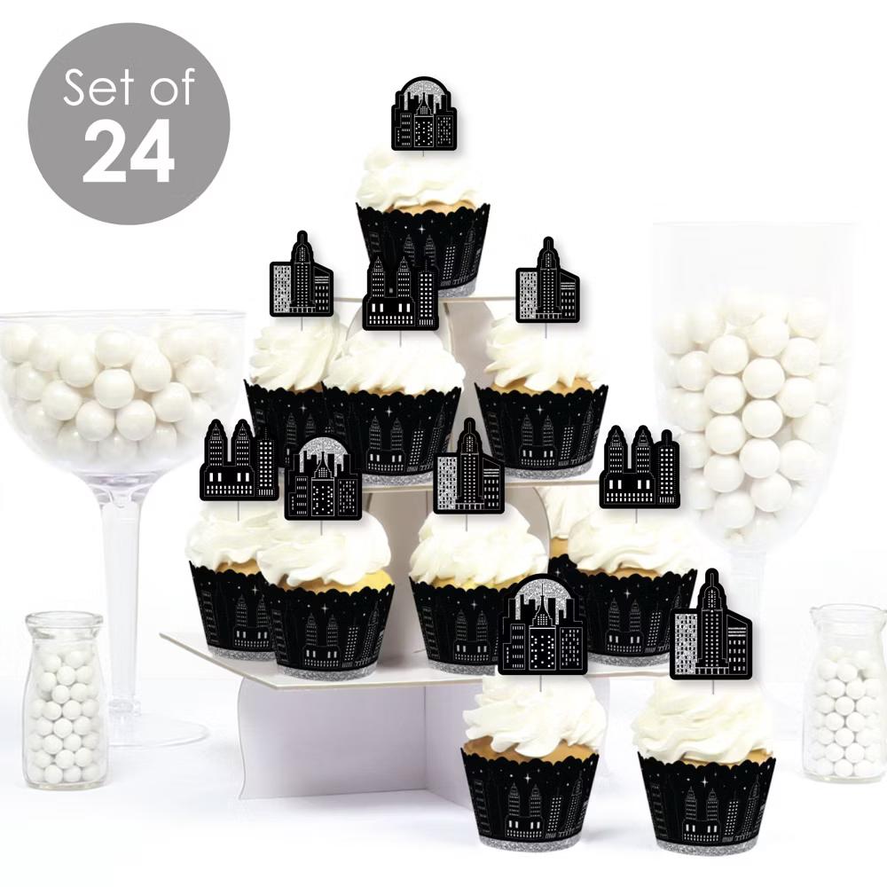 Nighttime City Skyline - Cupcake Decoration - New York Party Cupcake Wrappers and Treat Picks Kit - Set of 24 - Image 2