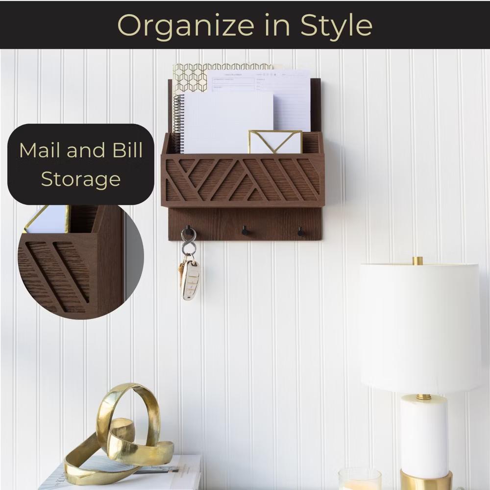 Wall Mounted Mail Organizer with 2 Slots and 3 Hooks – Multiple Finishes – MDF Wood - Image 5