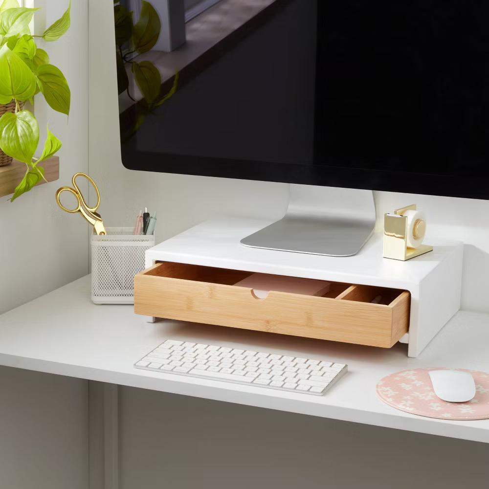 White Monitor Stand with Drawer - Desk Organizer, Office Supplies, Bamboo & Steel, Monitor Riser - Image 3