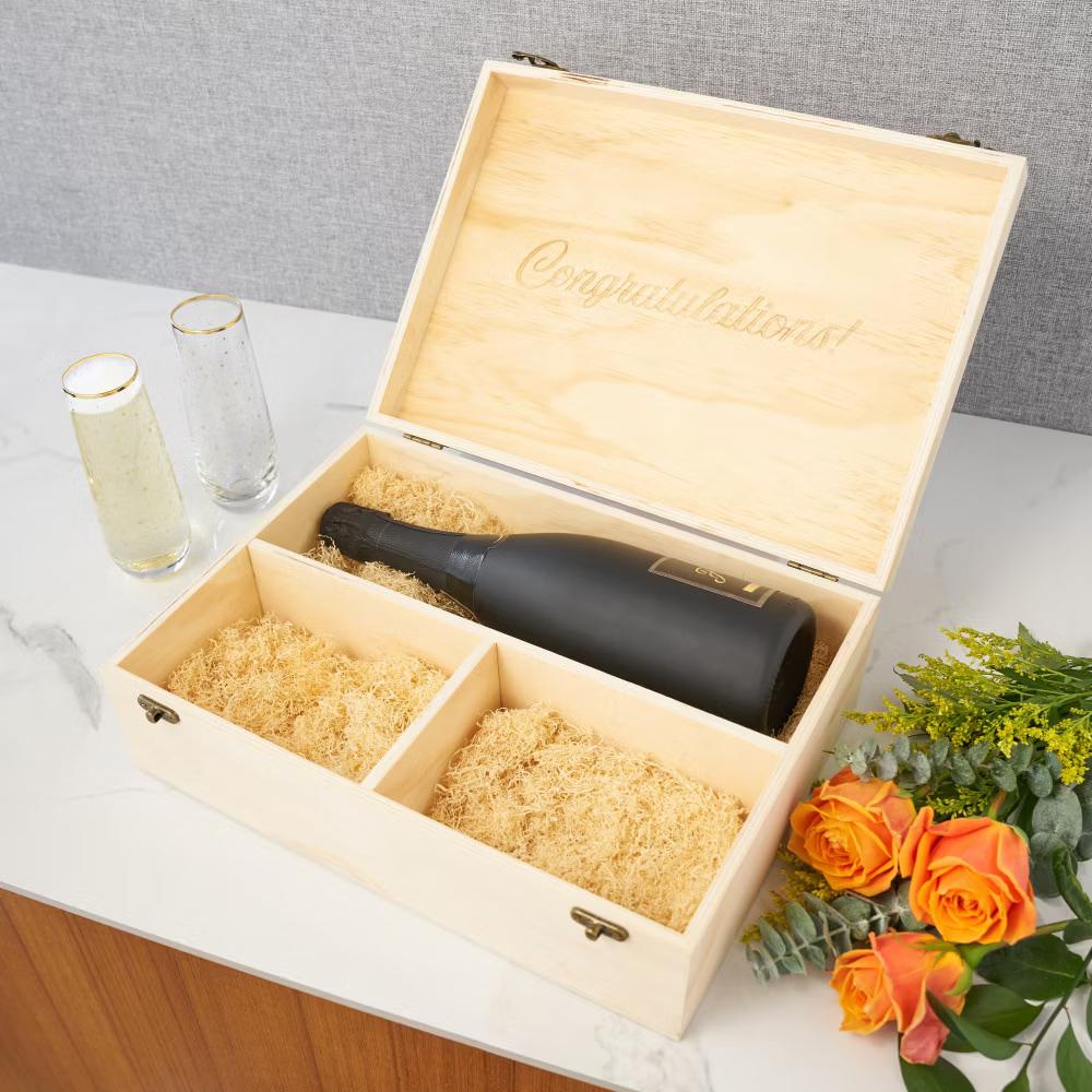 Twine Wooden Champagne Bottle Gift Box and 2 Stemless Gold Rim Champagne Flutes, Sparkling Wine Box with Lid, Packing Straw, Holds 1 Champagne Bottle - Image 3