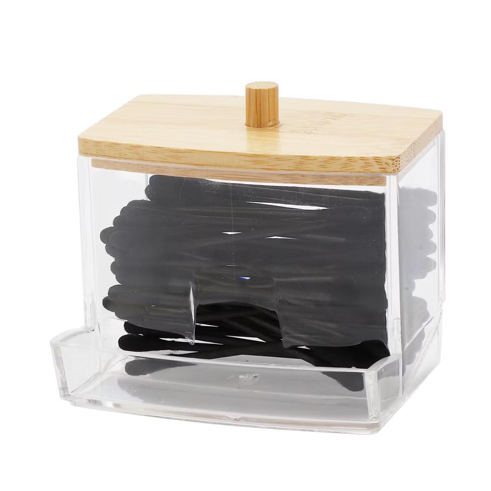 Acrylic Bamboo Wood Cotton Swab Jar Clear Wood Color - Image 7