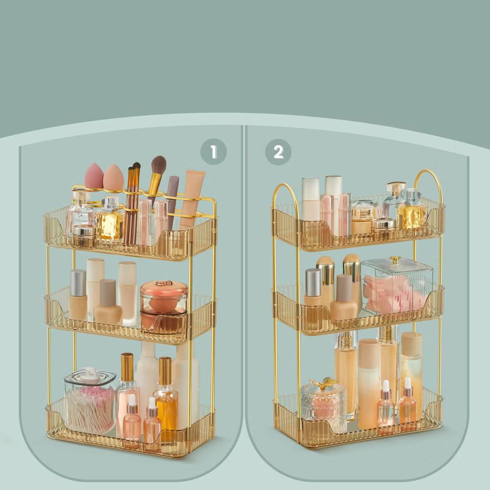 LEDREM Makeup Organizer, 3-Tier 360° Rotating Skincare Organizer Countertop for Vanity, 12 6.6 18.9 inches, Gold - Image 2