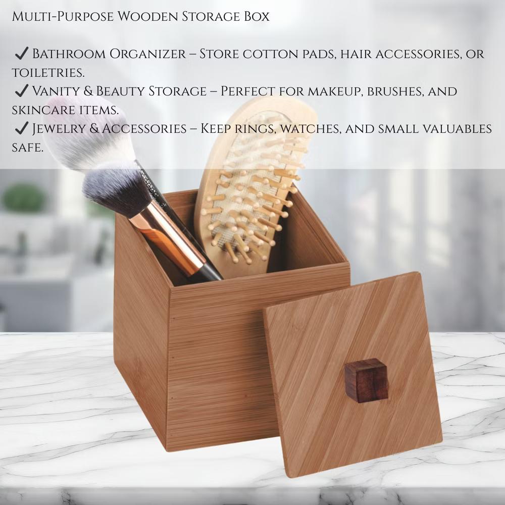 Square Acacia Wood Storage Box with Lid - Image 2