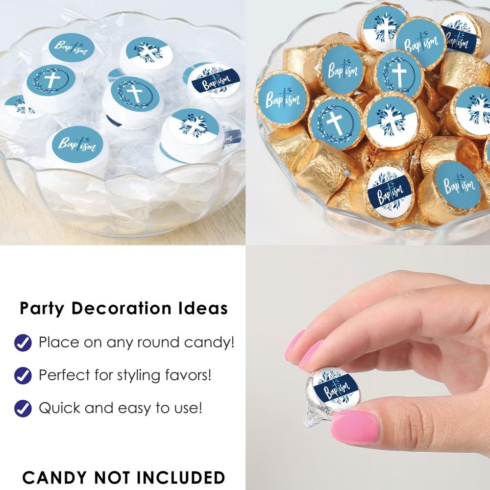Baptism Blue Elegant Cross - Boy Religious Party Small Round Candy Stickers - Party Favor Labels - 324 Count - Image 5