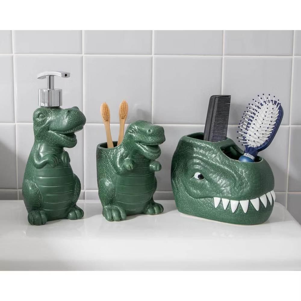 Isaac Jacobs Dinosaur Ceramic Cup, Toothbrush Holder - Multi-Purpose Organizer for Toiletries, Bathroom, Kitchen, and Crafts