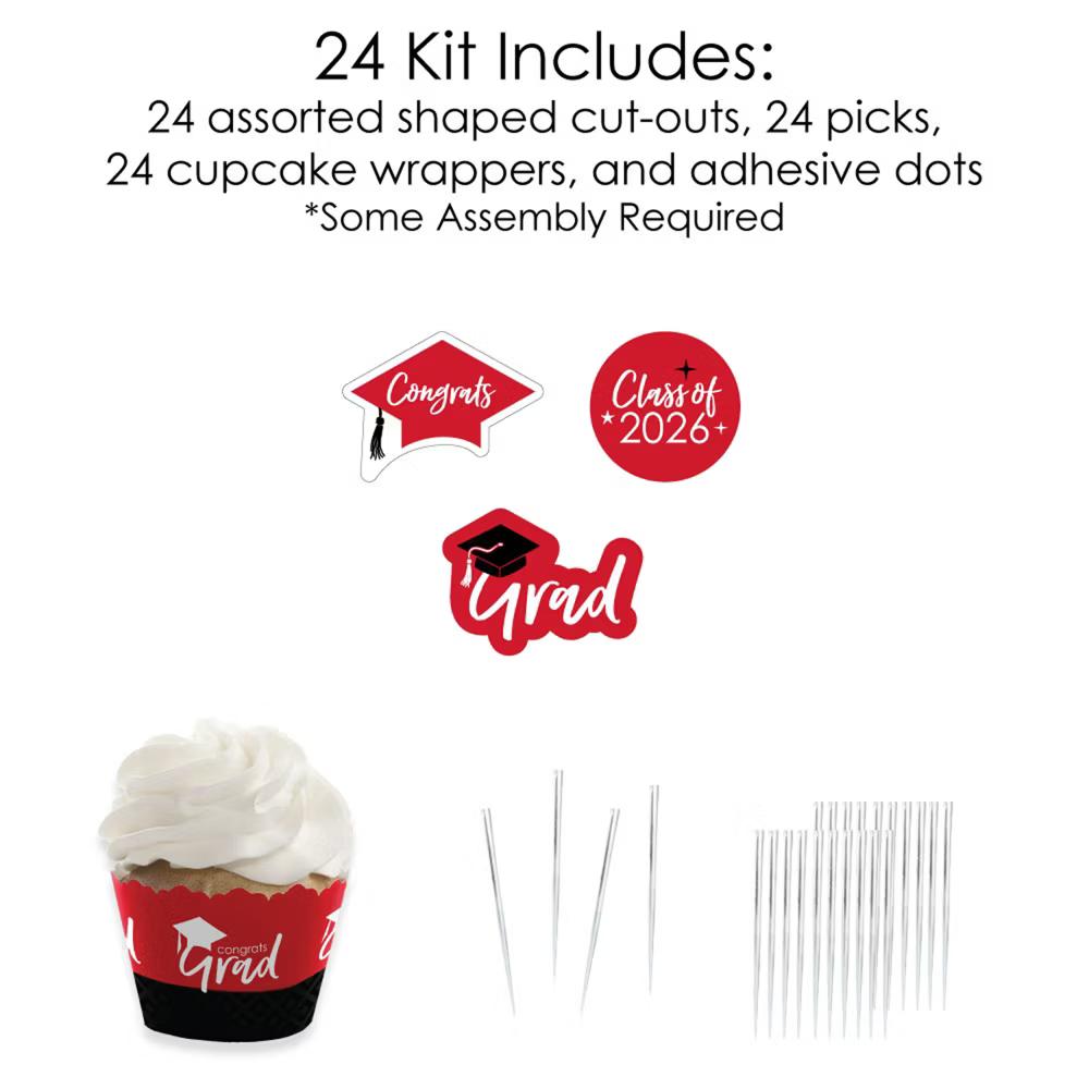 2026 Red Graduation Cupcake Decoration - Party Cupcake Wrappers and Treat Picks Kit - Set of 24 - Image 7