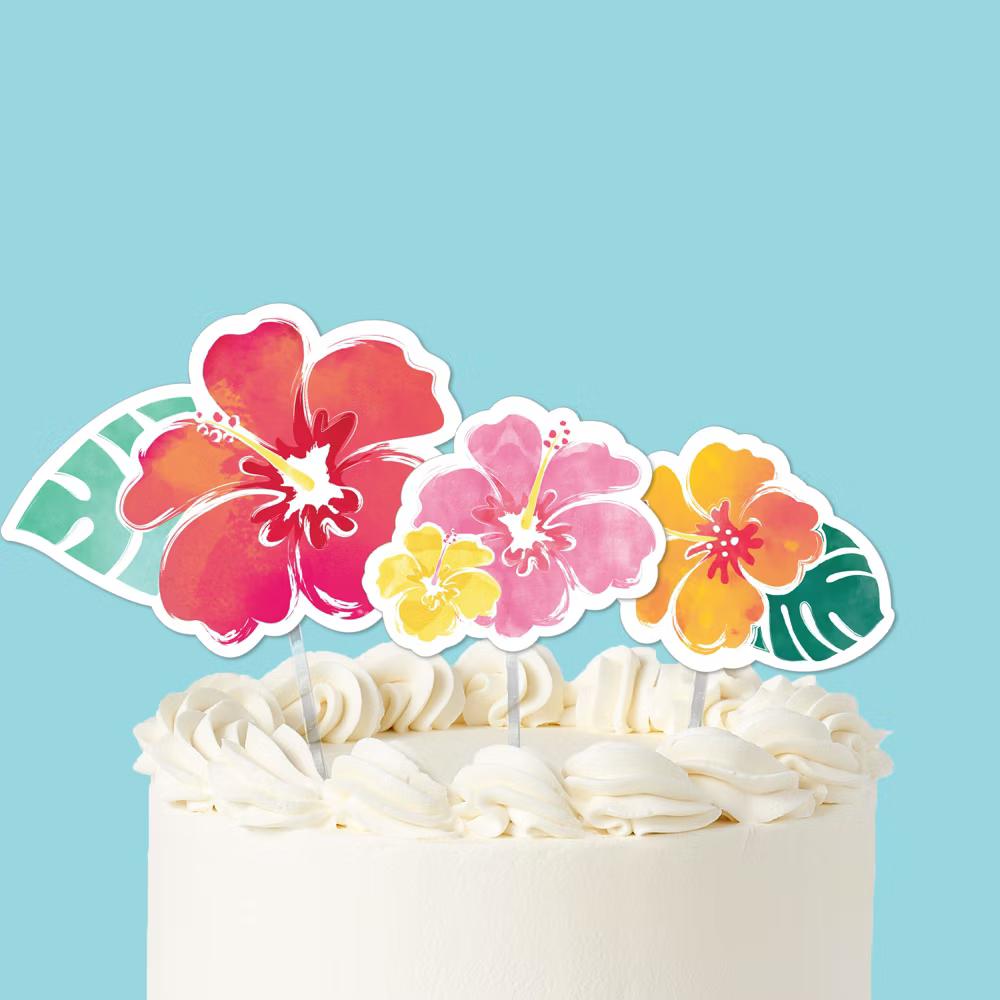 Hawaiian Luau Cake Topper Set, Hibiscus Tropical Floral Party Dessert Decorations for Luau Birthday or Summer Party – 3 Count - Image 3