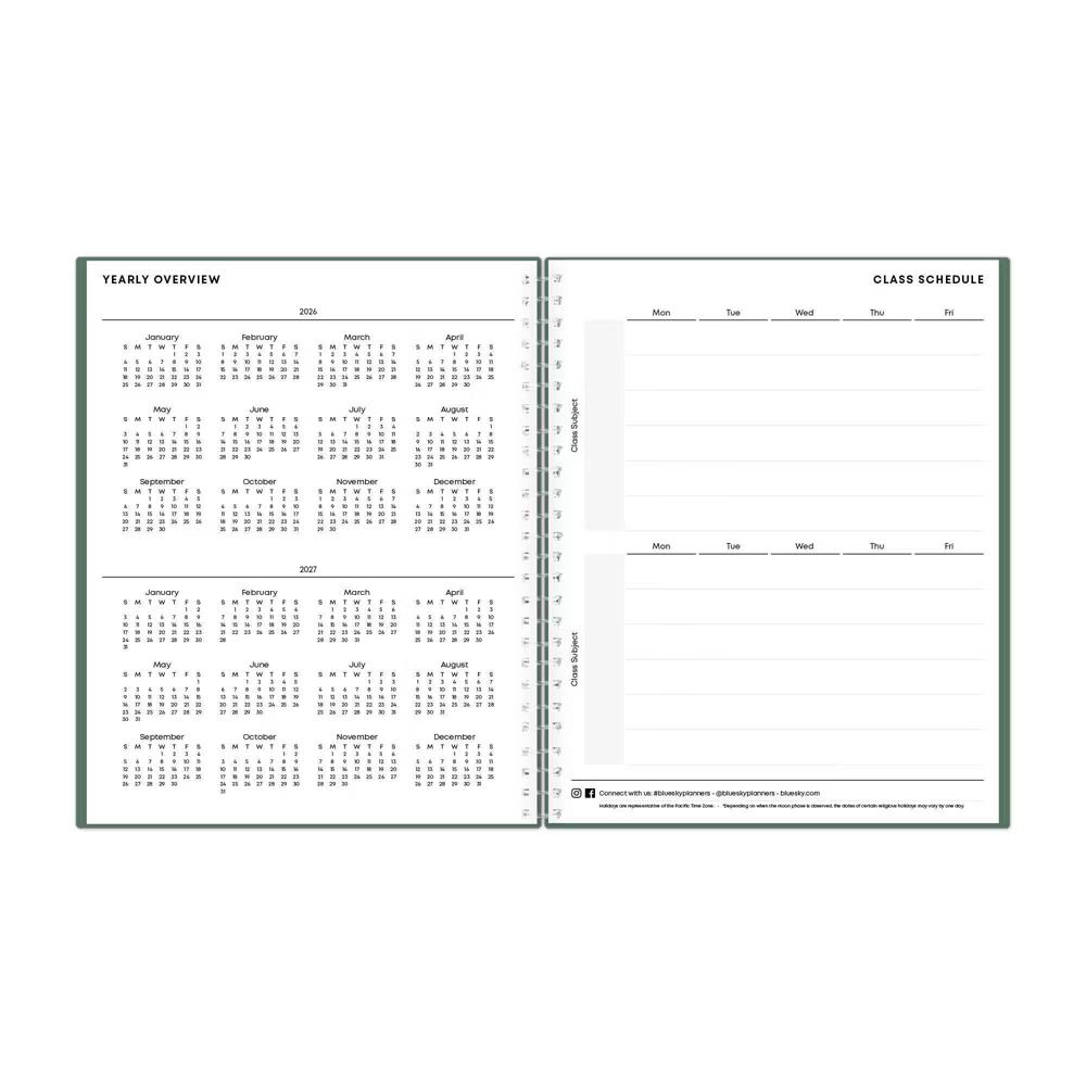 Blue Sky 8"x10" Student Planner AY 2026-2027 Weekly/Monthly Spiral Non-Tabbed Fern Green